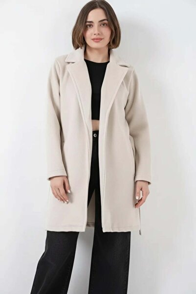 ALFA AKSESUAR 03 Women's Wide Collar Belted Cotton Ecru Coat