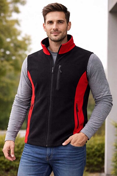 DSNM SİYAH KIRMIZI POLAR YELEK 3 CEPLİ SLİM FİT ANTİ PİLLİNG TÜYLENME YAPMAZ HAVA GEÇİRMEZ SOFT SHELL POLAR YELEK