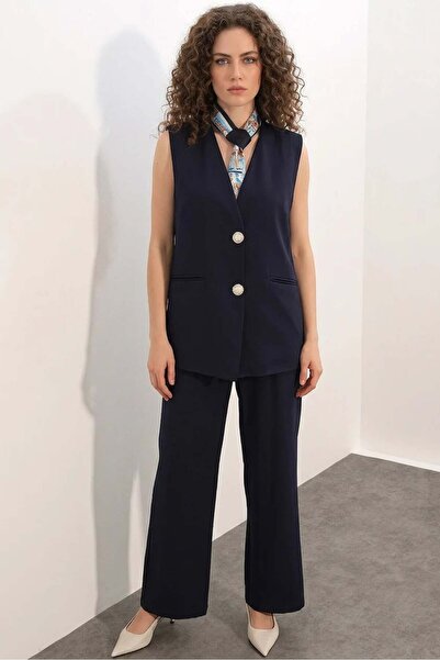 ALFA AKSESUAR 03 Women's V-Neck Buttoned Vest Navy Blue Set