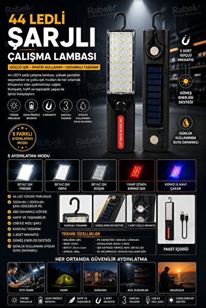 Rabelix Online Marketing 44 LED Şarjlı Çalışma Lambası Güneş Enerjili USB Şar...