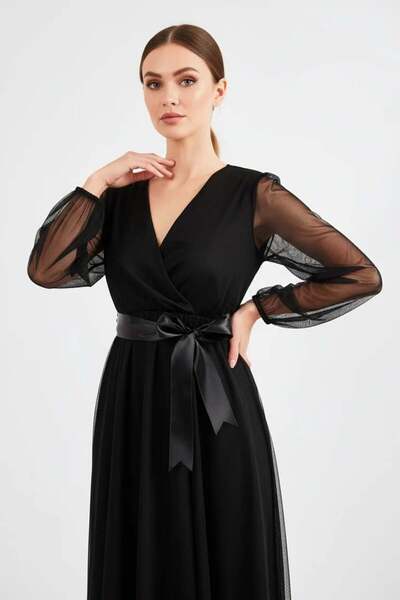 ALFA AKSESUAR 03 Women's Double-Breasted Collar Tulle Detailed Belted Black D...
