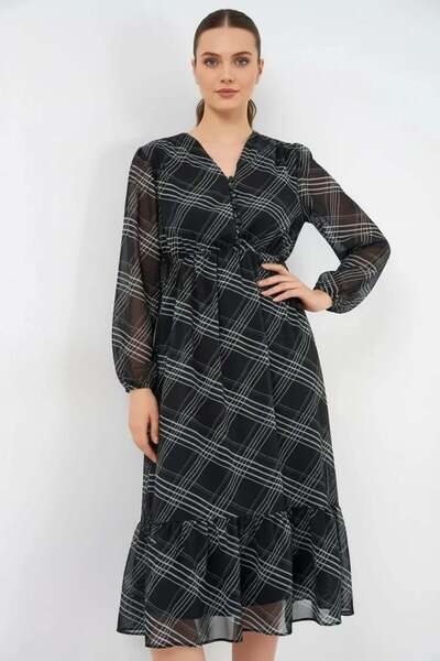 Generic Brand Women's V-Neck Gathered Waist Striped Pattern Chiffon Black Dress