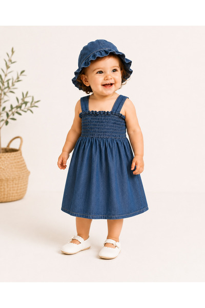 TucanKids Kız Bebek Yazlık Kot Elbise Takımı Şapkalı 3'lü Set Denim 9-24 Ay
