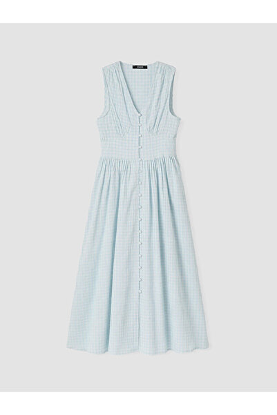LC Waikiki Blue V-Neck Plaid Waist-Slit Dress