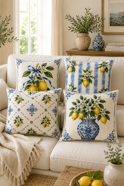 ayshome textile Ays Home Mavi Çini Limon Desen 4'Lü Kırlent Kılıfı Seti