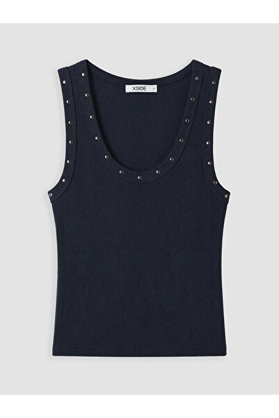 LC Waikiki Navy Blue U-Neck Women's Ribbed Tank Top with Staple Detail
