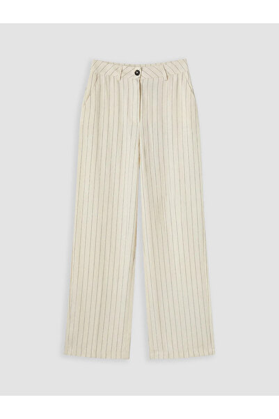 LC Waikiki Beige Striped Linen Look Women's Trousers