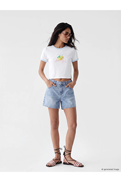 LC Waikiki Blue High Waist Mom Fit Women's Jean Shorts