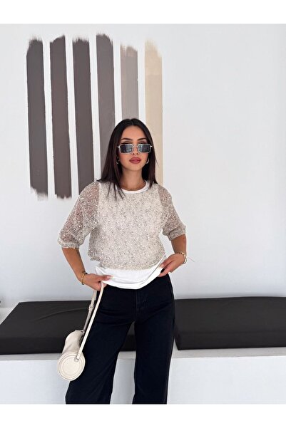 Bianca&Eva Payetli Tül Atlet Crop Bluz Kısa Kollu Simli Parti Bluzu