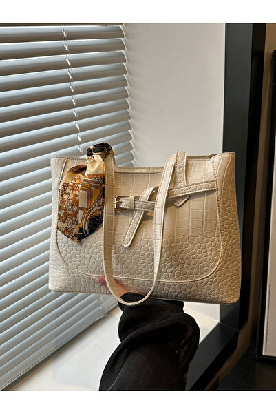 Take Two By Styli White Croc-Embossed Shoulder Bag with Scarf Detail