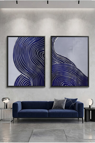 Jasmine Art Modern Navy Blue Set of 2 Abstract Wall Art | Framed Canvas Print...