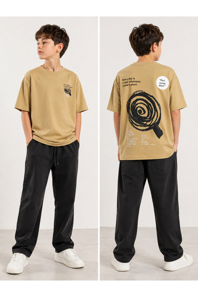 NK Erkek Çocuk Ön Arka Baskılı Tshirt Dökümlü Dokuma Kumaş Pantolonlu Takım