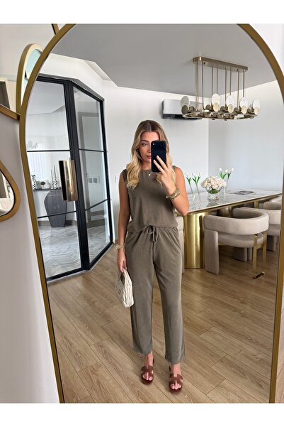 CKBUTİK Haki Sıfır Kol Modal Kumaşlı Bluz Pantolon İkili Takım -7272