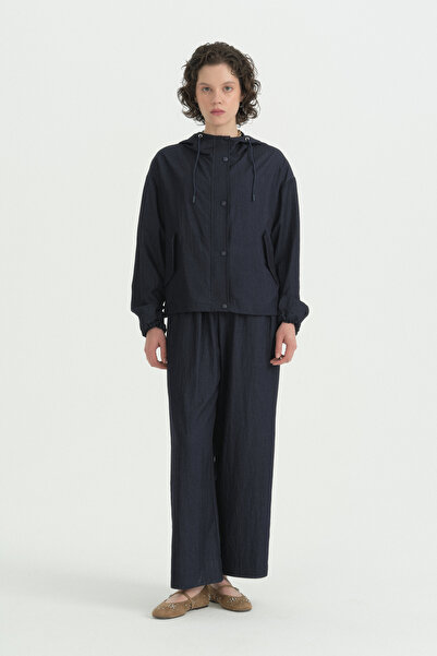 Nihan Hooded Rayon Jacket with Pocket Detail - Indigo
