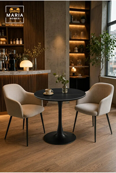 MARIA HOMES Modern Round Dining Table 80cm with Black Marble-Look Top and Ped...