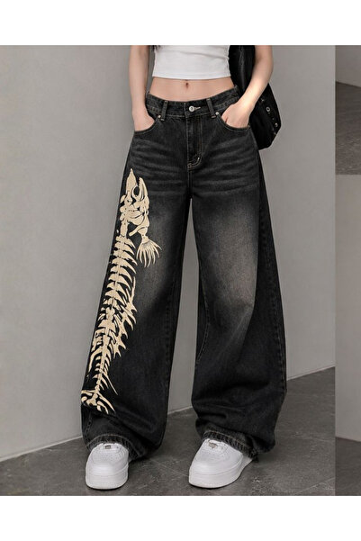 Toum Fishbone Print Printed Harajuku Y2K Baggy Jean Pants