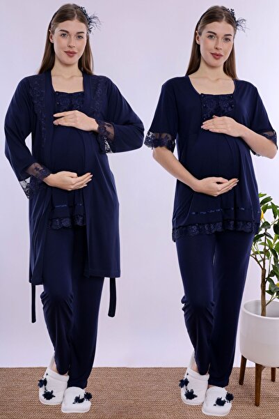 ByLohusa Adjustable Waist Elasticated Maternity Pajama Set with Dressing Gown...