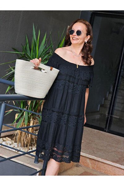 Felix Butik FELİX15124 Lastikli Madonna Yaka İthal Siyah Dantel Elbise