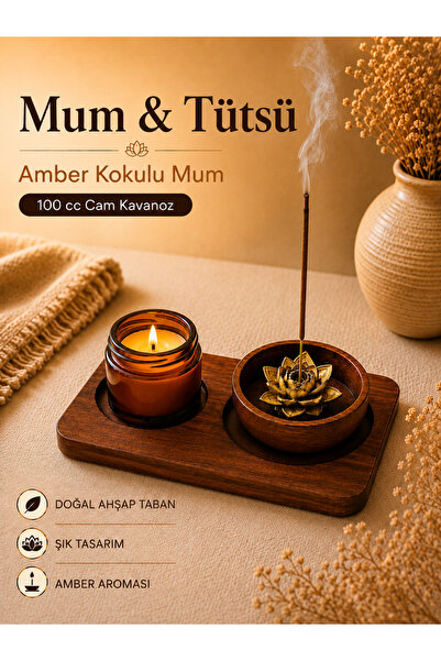 Prusias Wood Amber Kokulu Mum & Tütsülük Seti | Doğal Ahşap Tabanlı Dekoratif...
