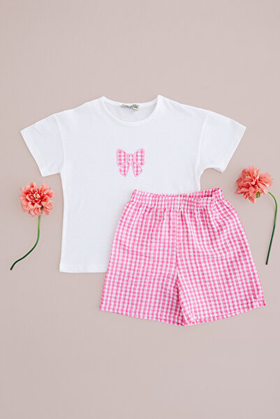 Fulla Moda Set od 2 komada za devojčice sa vezom i mašnom u gingham uzorku