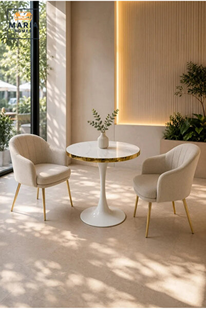 MARIA HOMES Modern Round Marble Bistro Table with Gold Trim for Cafe Dining R...