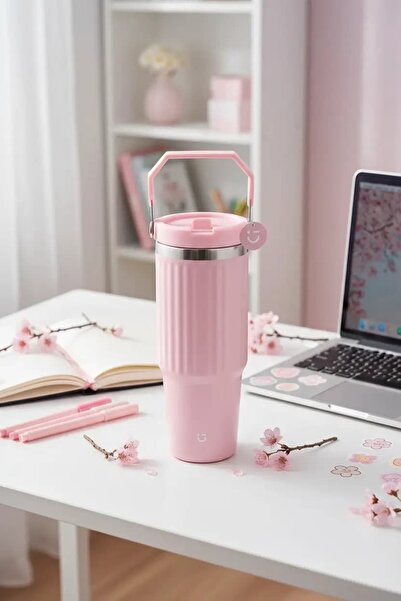 Miniso Lisanslı Sakura Pink Çelik Matara 900 mL – Tutamaklı Tasarım