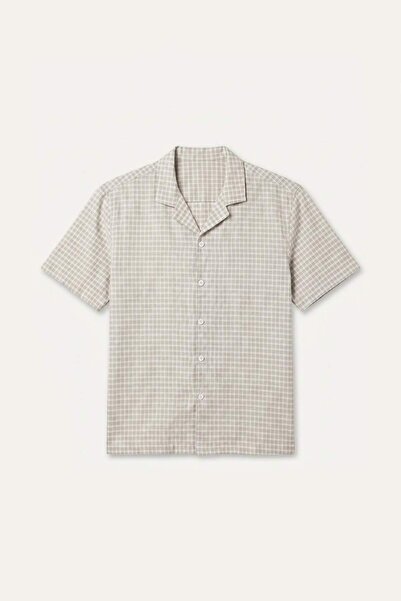 DeFacto Boxy Fit Apaş Collar Short Sleeve Checkered Ecru Shirt G4148Ax26Sm