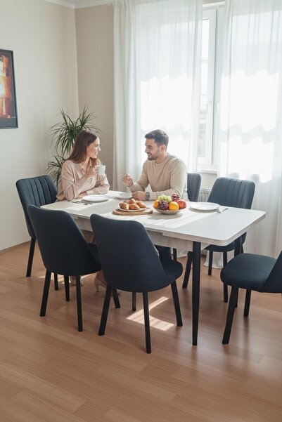 Efe Mobilya T-6030 TRAVERTEN AÇILIR 80X130 KARE GOLD ANTRASİT SANDALYE 6 KİŞİ...