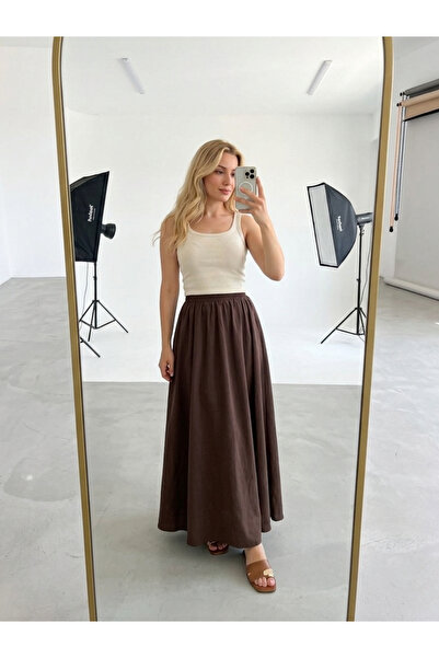 RuyaMood Kadın Kahverengi %100 Tencel Kumaş Beli Lastikli Cep Detaylı Etek