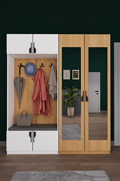 asratrend Lüks Aynalı Portmanto Askılı Vestiyer %100 MDF Çok Raflı Ayakkabılı...