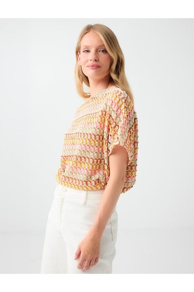 Jimmy Key Mixed Kayık Collar Off-Shoulder Openwork Blouse