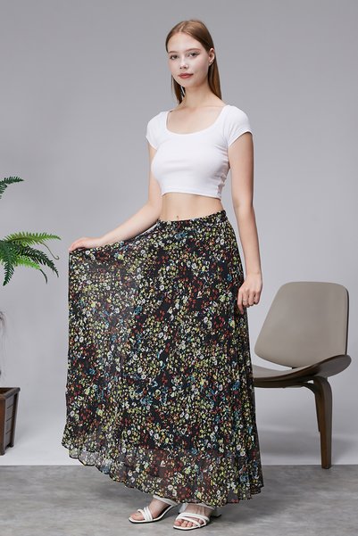sehatex Patterned Lined Pleated Chiffon Skirt with Elastic Waistband