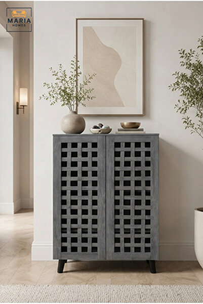 MARIA HOMES Modern Grey Storage Cabinet with Geometric Lattice Doors and Elev...