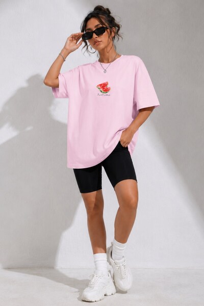 The Champ Clothing Tricou oversize pentru femei, roz cu imprimeu Watermelon M...