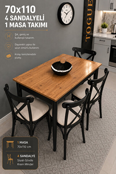 VOGUE TASARIM VE AKSESUAR 70x110 4 Sandalyeli Mutfak Masası Takımı | 4 Kişili...