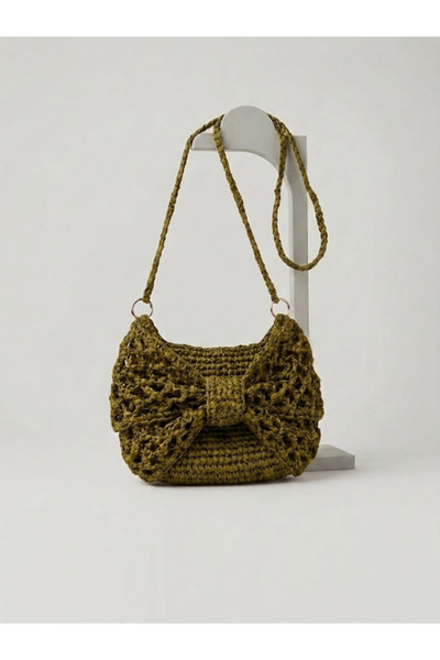 MONJER Women's Oil Green Raffia Rope Hand-Knitted Shoulder Bag with Bow Detai...