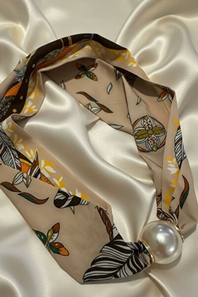 BHR AKSESUAR Women's Patterned Scarf Necklace with Pearls and Magnets, Stylis...