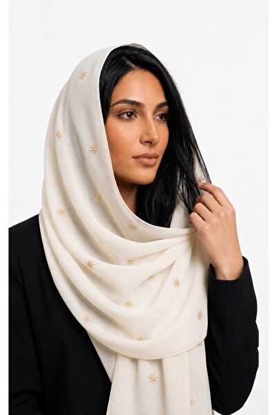 Veil Designer طرحه اوف وايت نجوم بوال اوف وايت طبقنين بتطريز بخيوط القصب الذه...