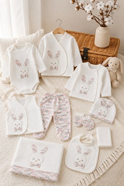 Pure Boutique Set nou nascut fetita 10 piese 100% bumbac, iepuras, paturica i...