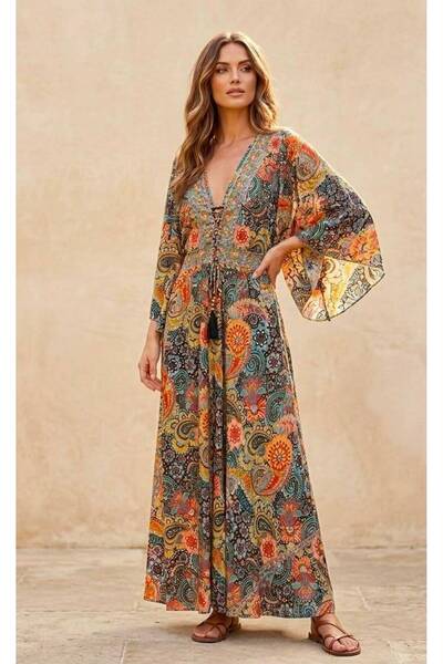 moda gk Ethnic Patterned Shiny Patterned Bohemian Silk Dress
