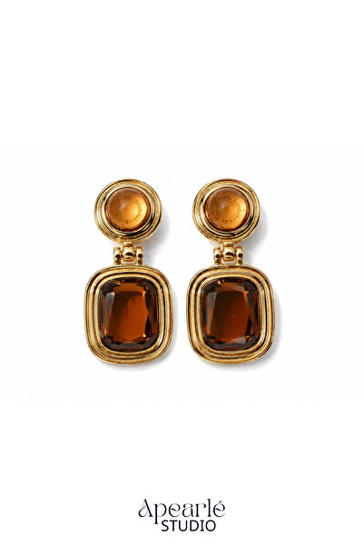 Kehribar Taşlı Gold Sallantılı Küpe