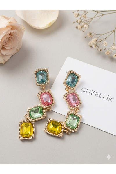 kasımoğulları concept Gold Plated Multi-Colored Geometric Crystal Stone Penda...