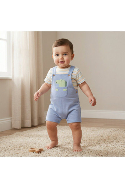 Juniors Crew Neck Short Sleeves T-shirt and Dungaree set with Dinosaur Applique