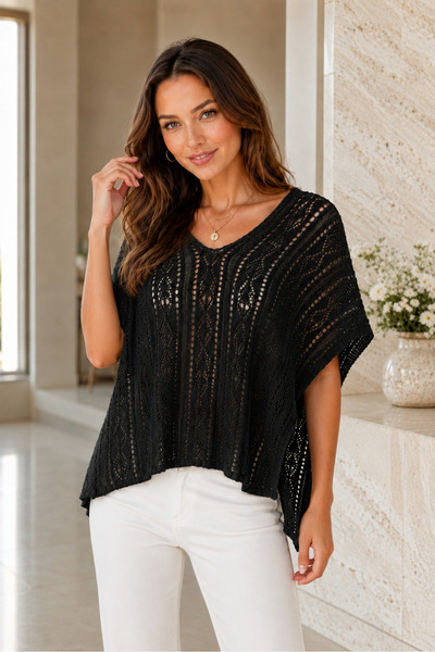 citystyle Women's Front and Back V-Neck Motif Woven Detailed Transparent Cott...
