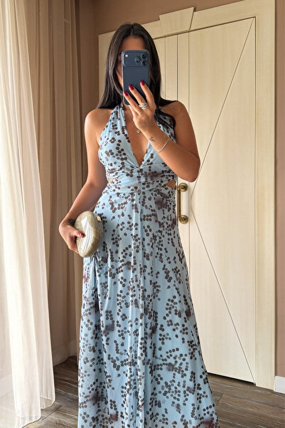 SHILSEE BEUTİQUE Women's Low-Cut Chiffon Dress with Tie-Up Detail Blue