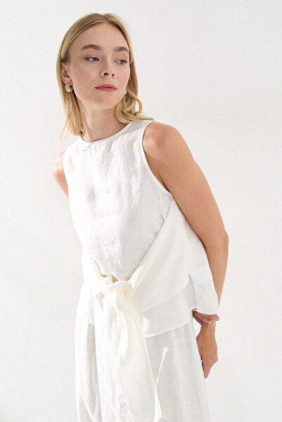 Lencie Beli Belted Linen Blouse Ecru