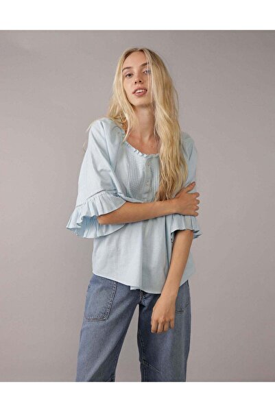 AMERICAN EAGLE بلوزة مكشكشة من مزيج الكتان من AE