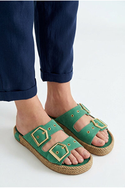 Zerenyus İces Daily Buckle Summer Green Nubuck Women's Slippers