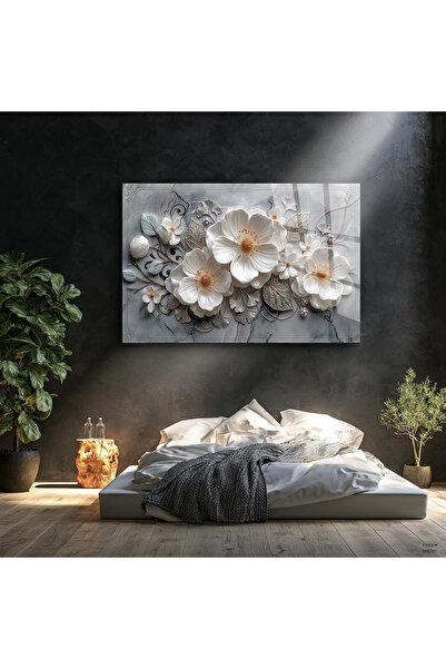 TAULART FLORI ALBE ȘI TEXTURĂ DE MARMURĂ DECOR DE PERETE DE LUX PICTURĂ PE ST...