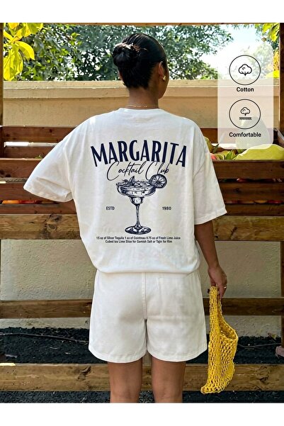EFFRENATU Ženska plava široka majica sa printom Margarita Cocktail Club, pamu...